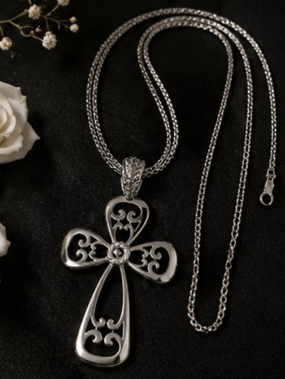 Sarah Coventry Silver Tone Filigree Cross Necklace 24 In. Chain Faith Christian
